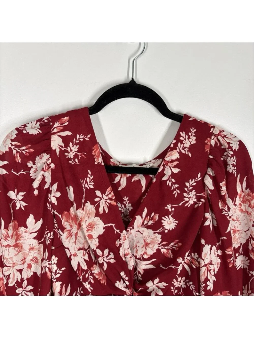 Abercrombie & Fitch Women S Red Floral Puff Sleeve Twist Knot Front Crop Blouse